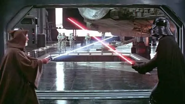 Obi-Wan Kenobi and Darth Vader in their duel.